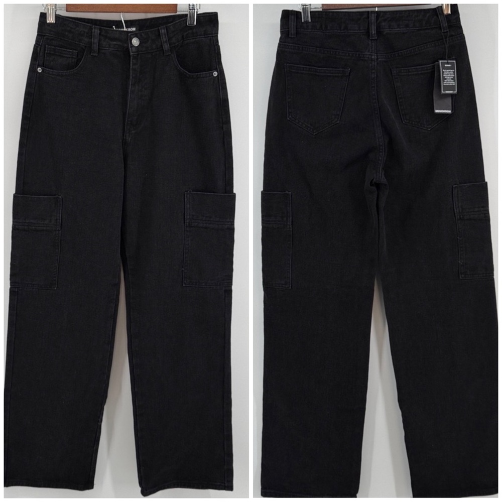 MOMOKROM Women's High Waisted Wide Leg Black Cargo Pants Sz 29 Med. UK 10 NWT